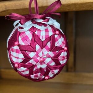 Vintage hand crafted 3 1/4” fabric and ribbon Christmas ball